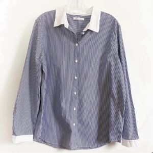 NWOT Avec Les Filles shirt blue white button down striped long sleeves S
